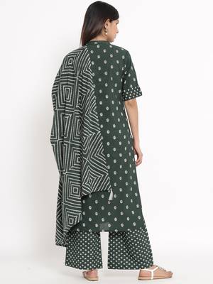 GREEN Cotton stitched   Kurta with     Palazzo with     Dupatta 2