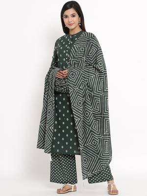GREEN Cotton stitched   Kurta with     Palazzo with     Dupatta 3