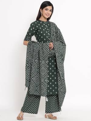 GREEN Cotton stitched   Kurta with     Palazzo with     Dupatta 4