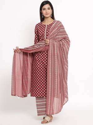 Maroon Cotton stitched   Kurta with     Palazzo with     Dupatta 1