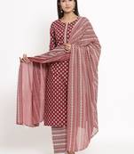 Maroon Cotton stitched   Kurta with     Palazzo with     Dupatta