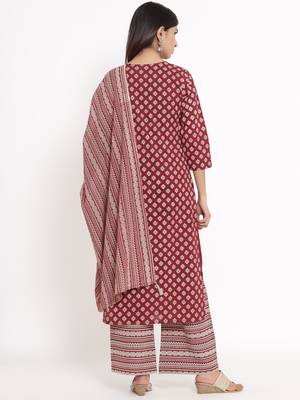 Maroon Cotton stitched   Kurta with     Palazzo with     Dupatta 2