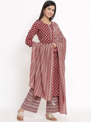 Maroon Cotton stitched   Kurta with     Palazzo with     Dupatta 4