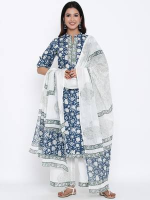 Navy Cotton stitched   Kurta with     Palazzo with     Dupatta 1