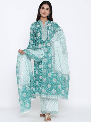 Green Cotton stitched   Kurta with     Palazzo with     Dupatta 1