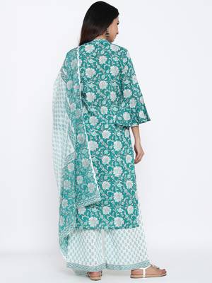 Green Cotton stitched   Kurta with     Palazzo with     Dupatta 2