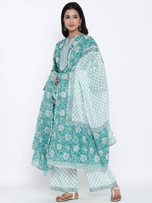 Green Cotton stitched   Kurta with     Palazzo with     Dupatta 3