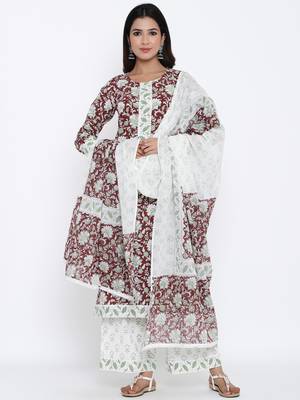 Maroon Cotton stitched   Kurta with     Palazzo with     Dupatta 1