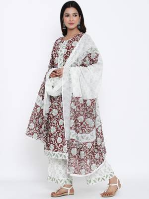 Maroon Cotton stitched   Kurta with     Palazzo with     Dupatta 3