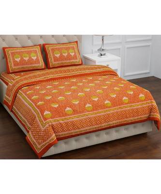 Orange  PURE COTTON  JAIPURI EHTNIC KING SIZE DOUBLE BED SHEET WITH PILLOW COVER 1