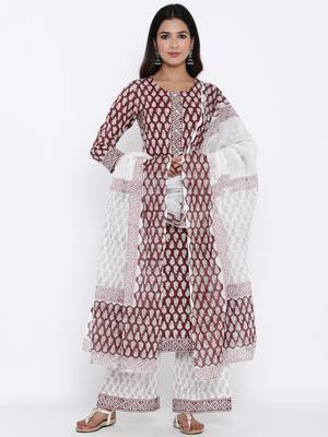 Maroon Cotton stitched   Kurta with     Palazzo with     Dupatta 1