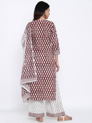 Maroon Cotton stitched   Kurta with     Palazzo with     Dupatta 2