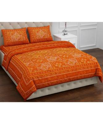 Orange  PURE COTTON  JAIPURI EHTNIC KING SIZE DOUBLE BED SHEET WITH PILLOW COVER 1