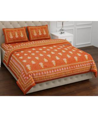 Orange  PURE COTTON  JAIPURI EHTNIC KING SIZE DOUBLE BED SHEET WITH PILLOW COVER 1