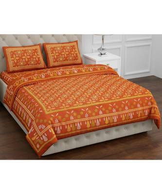 Orange  PURE COTTON  JAIPURI EHTNIC KING SIZE DOUBLE BED SHEET WITH PILLOW COVER 1