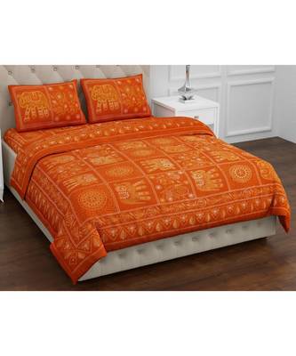 Orange  PURE COTTON  JAIPURI EHTNIC KING SIZE DOUBLE BED SHEET WITH PILLOW COVER 1