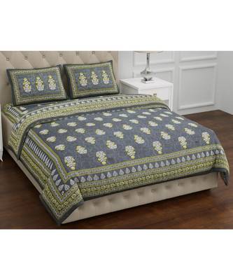 Grey  PURE COTTON  JAIPURI EHTNIC KING SIZE DOUBLE BED SHEET WITH PILLOW COVER 1