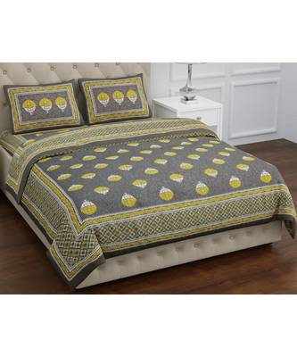 Grey  PURE COTTON  JAIPURI EHTNIC KING SIZE DOUBLE BED SHEET WITH PILLOW COVER 1