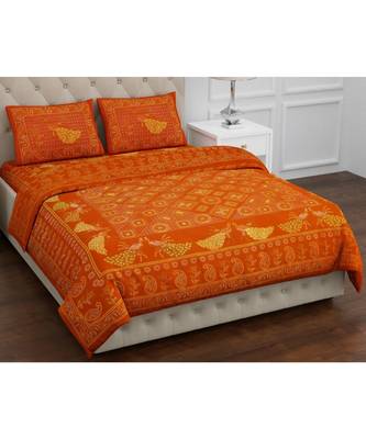 Orange  PURE COTTON  JAIPURI EHTNIC KING SIZE DOUBLE BED SHEET WITH PILLOW COVER 1