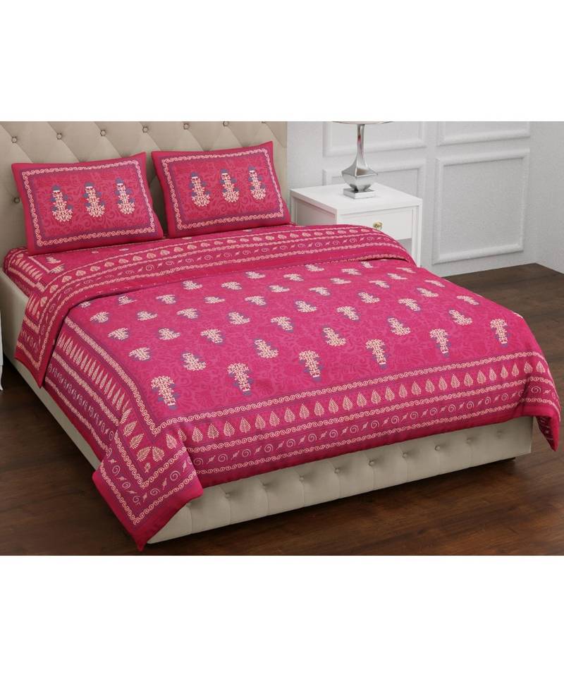 Pink  PURE COTTON  JAIPURI EHTNIC KING SIZE DOUBLE BED SHEET WITH PILLOW COVER