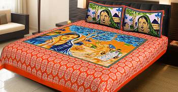 ORANGE  Traditional Jaipuri  Cotton Double Bedsheet with 2 Pillow Covers 1