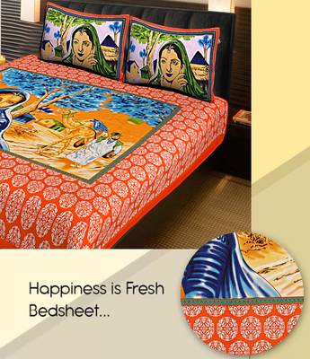 ORANGE  Traditional Jaipuri  Cotton Double Bedsheet with 2 Pillow Covers 2