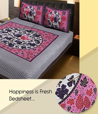 PINK  Traditional Jaipuri  Cotton Double Bedsheet with 2 Pillow Covers 2