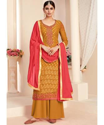 mustard brasso unstitched embroidered top and bottom with dupatta 1