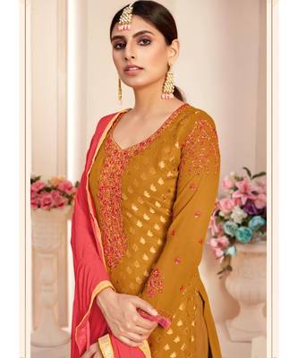 mustard brasso unstitched embroidered top and bottom with dupatta 2