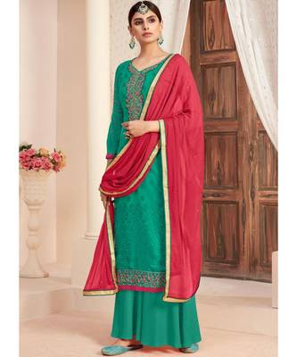 dark-turquoise brasso unstitched embroidered top and bottom with dupatta 1