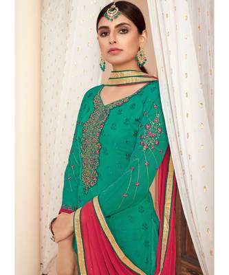 dark-turquoise brasso unstitched embroidered top and bottom with dupatta 2