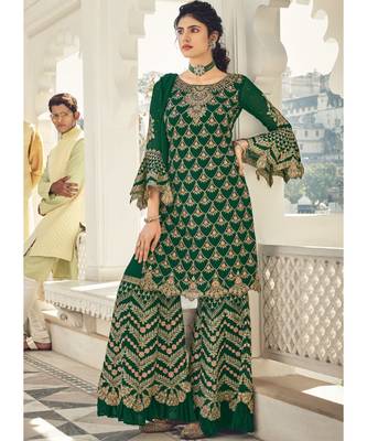 green georgette unstitched embroidered top and bottom with dupatta 1