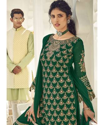green georgette unstitched embroidered top and bottom with dupatta 3