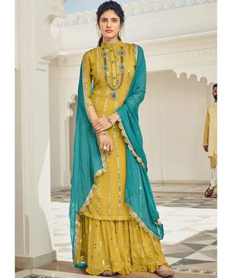 yellow georgette unstitched embroidered top and bottom with dupatta 1