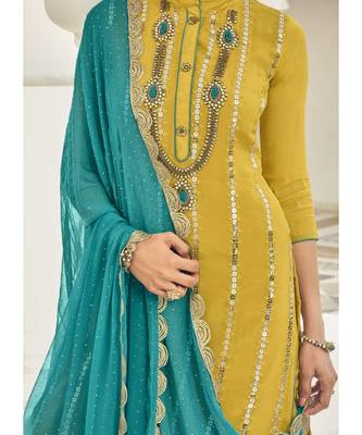 yellow georgette unstitched embroidered top and bottom with dupatta 2