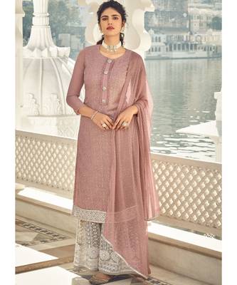 dark-pink georgette unstitched embroidered top and bottom with dupatta 1