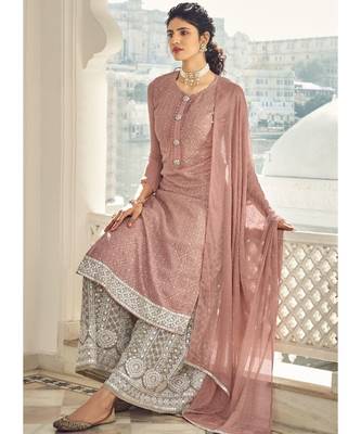 dark-pink georgette unstitched embroidered top and bottom with dupatta 2
