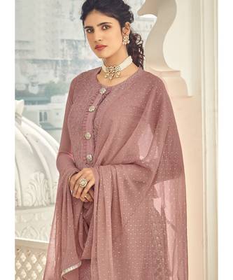 dark-pink georgette unstitched embroidered top and bottom with dupatta 3