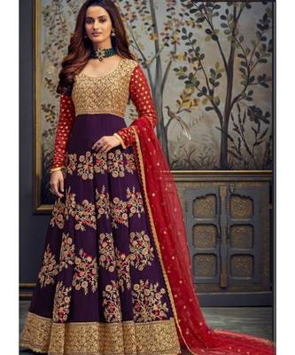 purple georgette unstitched embroidered top and bottom with dupatta 1