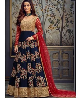 navy-blue georgette unstitched embroidered top and bottom with dupatta 1