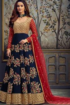 navy-blue georgette unstitched embroidered top and bottom with dupatta