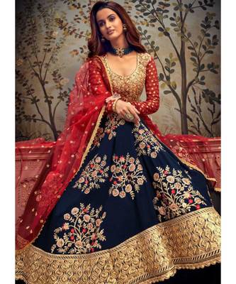 navy-blue georgette unstitched embroidered top and bottom with dupatta 2