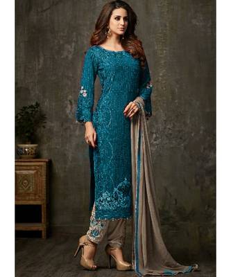 teal georgette unstitched embroidered top and bottom with dupatta 1
