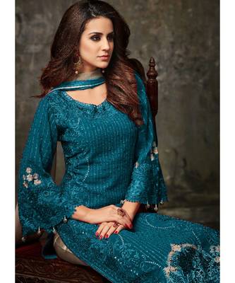 teal georgette unstitched embroidered top and bottom with dupatta 2