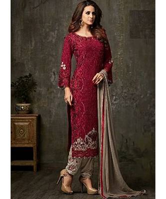 maroon georgette unstitched embroidered top and bottom with dupatta 1