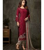 maroon georgette unstitched embroidered top and bottom with dupatta