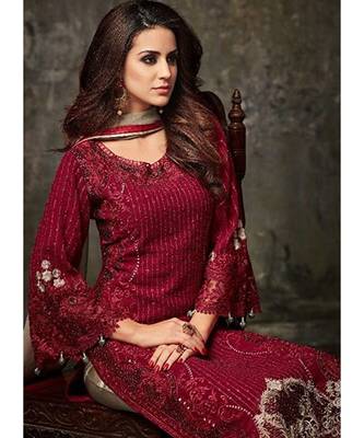 maroon georgette unstitched embroidered top and bottom with dupatta 2