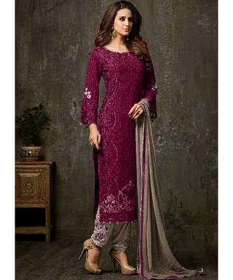 dark-wine georgette unstitched embroidered top and bottom with dupatta 1
