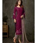 dark-wine georgette unstitched embroidered top and bottom with dupatta