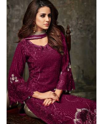 dark-wine georgette unstitched embroidered top and bottom with dupatta 2